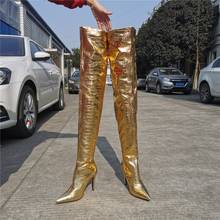 Высокие сапоги до колена на каблуке-шпильке из кожи золотого цвета женские сапоги до бедра на сапоги до промежности, с острым носком, стильная женская обувь на высоком каблуке для подиума мода женская обувь Size15 2024 - купить недорого