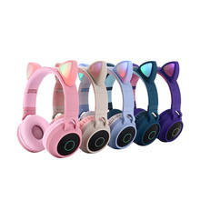Headphone infantil bluetooth 5.0 com luz de led, fone de ouvido sem fio para orelhas de gato, som estéreo de alta fidelidade, com microfone 2024 - compre barato