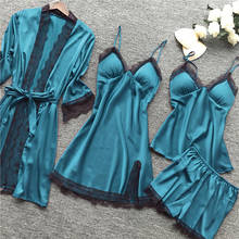 Shujin conjuntos de pijamas femininos de cetim, roupas de dormir de seda de cetim com 4 peças, pijama de alça espaguete, pijama de salão de dormir com almofadas de peito 2024 - compre barato