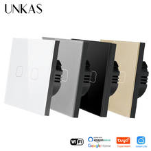 UNKAS-Panel de cristal templado, 2 entradas, Tuya/Smart Life, Interruptor táctil de luz de pared con WiFi, estándar europeo, Control inalámbrico 2024 - compra barato