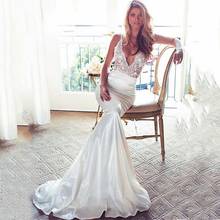 Sodgine simples sereia vestido de casamento v pescoço estiramento cetim apliques de renda vestido de noiva vestidos de novia 2021 2024 - compre barato