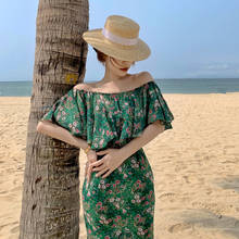 Женское длинное зеленое платье с открытыми плечами, летнее платье с цветочным рисунком, 2021, элегантные вечерние платья для отдыха в тропическом стиле 2024 - купить недорого
