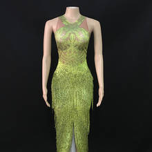 Vestido longo de franjas verdes neon, esticável, uma peça, roupa de dança, boate, show, noite, aniversário, comemoração 2024 - compre barato