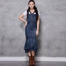 Free Shipping 2022 New Vintage Women Long Mid-calf Spring Summer Denim Lace patchwork Cotton Strap S-L Mermaid Style Dresses 2024 - buy cheap