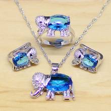 Conjunto de joias de prata esterlina 925, elefante, azul, zircônia, cristal branco, conjunto para mulheres, brincos, pingente, colar, anéis t155 2024 - compre barato