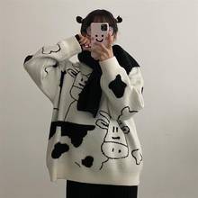 Vintage Casual Cow Print Sweater Women Winter O Neck Loose Lazy Sweater Femme Korean Harajuku Knitted Pullover Cute Sweet Jumper 2024 - buy cheap