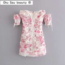 Chu Sau beauty New Vintage Fashion Dress Female Summer Word Shoulder Floral Lace Stretch Back Waist Mini Dresses Women 2024 - buy cheap