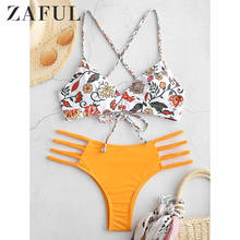 ZAFUL Low Waist Holiday Criss Cross Bikini Set Lace Up Bra And Briefs Sexy Elastic Wire Free Swimwear Flower Braided Padded 2024 - buy cheap