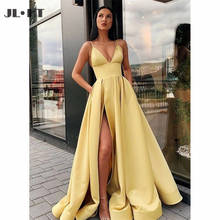 A-Line Yellow Prom Dresses With Pockets Front Slit Spaghetti Straps Long Evening Dress Hard Satin Formal Party Dress Prom Gown 2024 - buy cheap