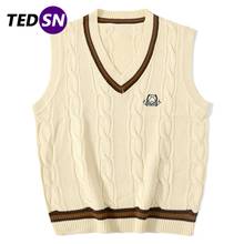 2021SS Harajuku Bear Embroidered Sleeveless Vest Sweater Knitted Streetwear Unisex Retro Pullover Sweaters Men Knit V-neck 2024 - buy cheap