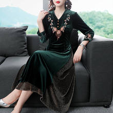 Весна-Осень 2020, китайское женское зеленое черное лоскутное велюровое платье с вышивкой, женское длинное платье Ципао, обтягивающие бархатные платья 3xl 2024 - купить недорого