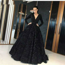 Black Muslim Evening Dresses A-line V-neck Long Sleeves Flowers Dubai Saudi Arabic Long Evening Gown Prom Dress 2024 - buy cheap