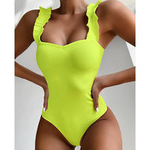 Maiô feminino estriado com babado, peça única, sexy, verde neon, roupa de banho para mulheres, monokini, tanga, natação, novo, 2020 2024 - compre barato