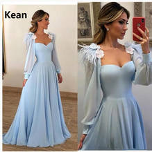 Sky Blue Muslim Evening Dress Full Sleeve Chiffon Feathers Flowers Islamic Dubai Kaftan Saudi Arabic Evening Gown Prom Dress 2024 - buy cheap