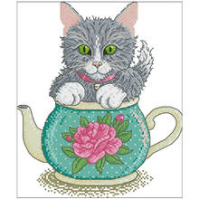 Grey cat in flower teapot patterns Counted Cross Stitch 11CT 14CT 18CT  DIY Chinese Cross Stitch Kit Embroidery Needlework Sets 2024 - buy cheap