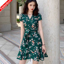 Green Floral Surplice Front Ruffle Hem Dress Women V Neck Short Sleeve Summer Boho High Waist Short A Line Dresses 2024 - buy cheap