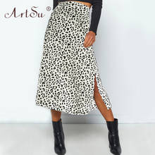 ArtSu 2020 Spring Leopard Print Long Skirt Women Zipper High Waist Side Slit Chiffon Summer Skirts Casual Falda Femme Green 2024 - buy cheap