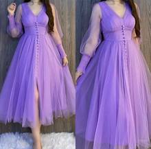 Vestido de baile curto de tule com manga comprida, vestido com botões frontal, decote em v formal, roxo, rosa, verde, para mulheres 2024 - compre barato