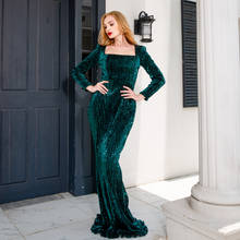 Long Sleeve sequined evening maxi dress gown Square Neck long gown robe Green Champagne Gold 2024 - buy cheap