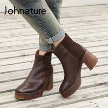 Johnature-zapatos de tacón alto para mujer, botas de plataforma hechas a mano con cremallera de cuero genuino, diseño Irregular, conciso, 2021 2024 - compra barato