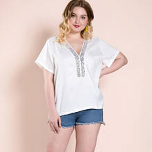 2020 Women's Summer Blouse Female Oversized T-Shirt With Sequined Office Lady Tops White Fat Elegant Clothes V Neck For 25-35 2024 - buy cheap