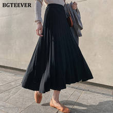 BGTEEVER Thick Warm Loose Women Knitted Pleated Skirts Casual High Waist Midi Sweater Skirts Autumn Winter Female A-line Skirts 2024 - buy cheap