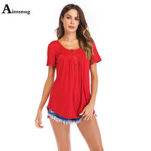 Mulheres 2021 verão básico topos único-breasted manga curta o pescoço plissado t-camisa vermelho senhoras casual t camisa oversized femme 2024 - compre barato
