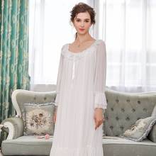 Vestido de dormir elástico gola redonda, camisola de malha de algodão com laço na cor branca ou rosa para outono 2024 - compre barato