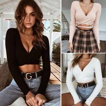 2020 New Hot Autumn Women's Slim T-Shirt Black White Khaki Long Sleeve T shirt Cross Deep V-neck Sexy Crop Top Selling Sexy Tops 2024 - buy cheap