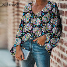 Jackherelook-Blusa de gasa con estampado de calavera Día de los muertos para mujer, ropa con diseño de calavera de azúcar, talla grande, para primavera y otoño 2024 - compra barato