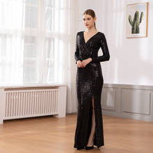 Длинное платье с длинным рукавом и треугольным вырезом, черное платье в полоску, расшитое блестками, длинное вечернее платье, платье с раздельным передом, эластичное платье 2024 - купить недорого