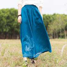 Pantalones holgados de lino para mujer, pantalón de pierna ancha con cintura elástica, bordados, Vintage 2024 - compra barato