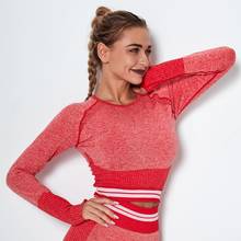 Women Seamless Top Long Sleeve Yoga T Shirts Cropped Top Fitness Gym Shirt Hollow Mesh Sports Top Striped Knitted T Shirts 2024 - buy cheap