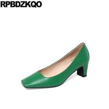 Zapatos de tacón medio de piel auténtica para mujer, calzado Formal, color Beige, con punta cuadrada, color marrón, grueso, para oficina, talla 33, 2021 2024 - compra barato
