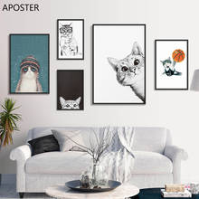 Quadros de parede para decoração de sala de estar, pôster e impressões artísticas, estilo nórdico, tela de desenho animado, gato, jogar basquete 2024 - compre barato