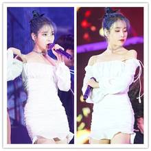 kpop IU Lee Ji Eun concert same white temperament strapless long-sleeved dress women summer High street sexy sling mini dresses 2024 - buy cheap