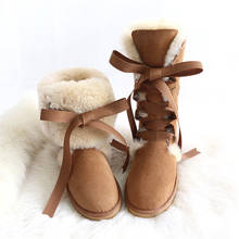 Natural de pele 100% de lã mulheres botas de neve de inverno botas de marca rendas até sapatos femininos genuína de pele de carneiro 2024 - compre barato