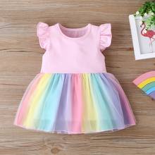 Vestido de festa tutu de verão para meninas, roupa de retalhos arco-íris com manga voadora 2024 - compre barato