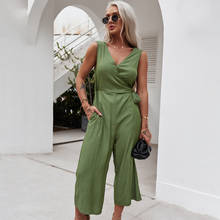 women summer jumpsuits Causal v-neck Blue And Green Solid Straight Calf-Length Pants Women's Jumpsuit 2024 - buy cheap