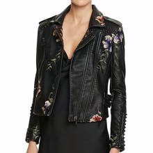 Jaqueta de couro falso bordado estampa floral, mulheres da high street motocicleta preto punk, roupa de uso externo, motociclista, primavera/outono, 2021 2024 - compre barato
