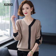XJXKS Fashion V-neck color-blocking women sweater autumn winter 2021 new high-end wool knitted sweater women pullover 2024 - buy cheap