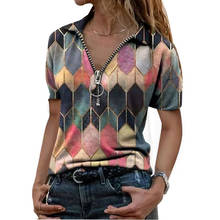 Women short Sleeve V Neck Geometric Print Blouse Vinrage Loose Shirt Summer Casual Pullover Ladies Elegant Tops Plus Size Blusas 2024 - buy cheap