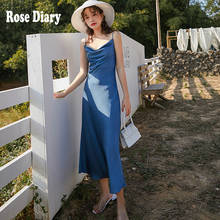 RoseDiary летнее винтажное Элегантное Атласное Платье в стиле ретро, вечернее платье средней длины, женские атласные платья на бретелях синего цвета, корейский стиль 2024 - купить недорого