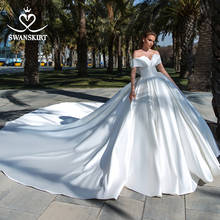 Elegant Satin Wedding Dress 2021 Boat Neck Off Shoulder Ball Gown Chapel Train Bride SwanSarah F303 Princess Vestido De Noiva 2024 - buy cheap