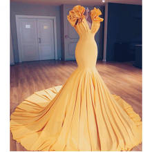 2021 Saudi Arabic Yellow Mermaid Prom Dresses Special Designed Long Prom Gowns Ruffles On Shoulder Abiye Elastic Party Dresses 2024 - buy cheap