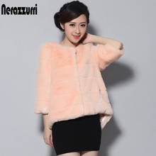 Nerazzurri pink faux fur coat for women three quarter sleeve dovetail artificial fur coat puff sleeve winter warm fluffy jacket 2024 - buy cheap