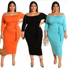 Summer Fall Solid Plus Size Women Casual Dress Slash Neck Long Sleeves Stretchy Mid Calf Bodycon Dresses for Party Nightclub 2024 - buy cheap