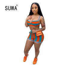 2020 Rainbow Striped Women Two Piece Matching Set Summer Vest Crop Top + Bodycon Biker Shorts Party Night Club Outfit Tracksuit 2024 - buy cheap