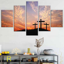 Pintura de imagem modular, 5 peças/peça, tela de pôr-do-sol, cruz cristã, arte para parede, decoração para sala de estar, impressão moderna 2024 - compre barato