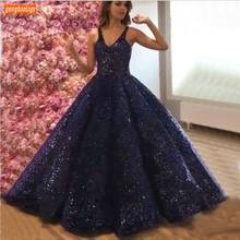 Sparkly Arabic Dark Navy Evening Gowns Long V Neck Bling illusion Fluffy Ball Gown robe de soiree Arabian Pageant Formal Dress 2024 - buy cheap
